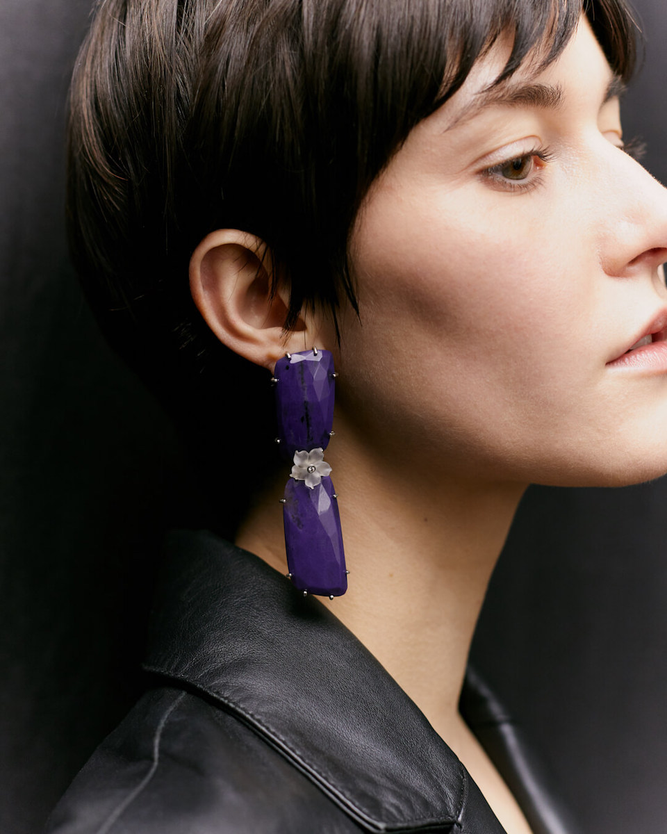 big purple earrings with flowers