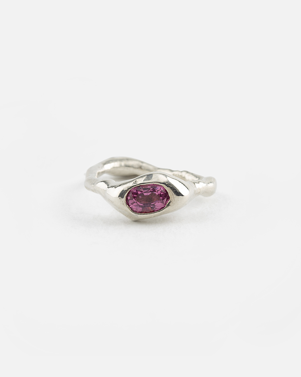melted silver ring with pink tourmaline
