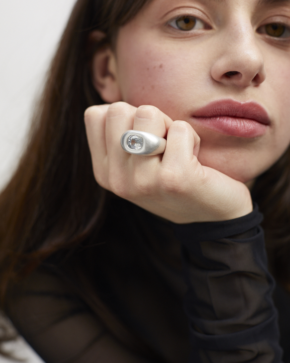 bold silver ring with white zircon