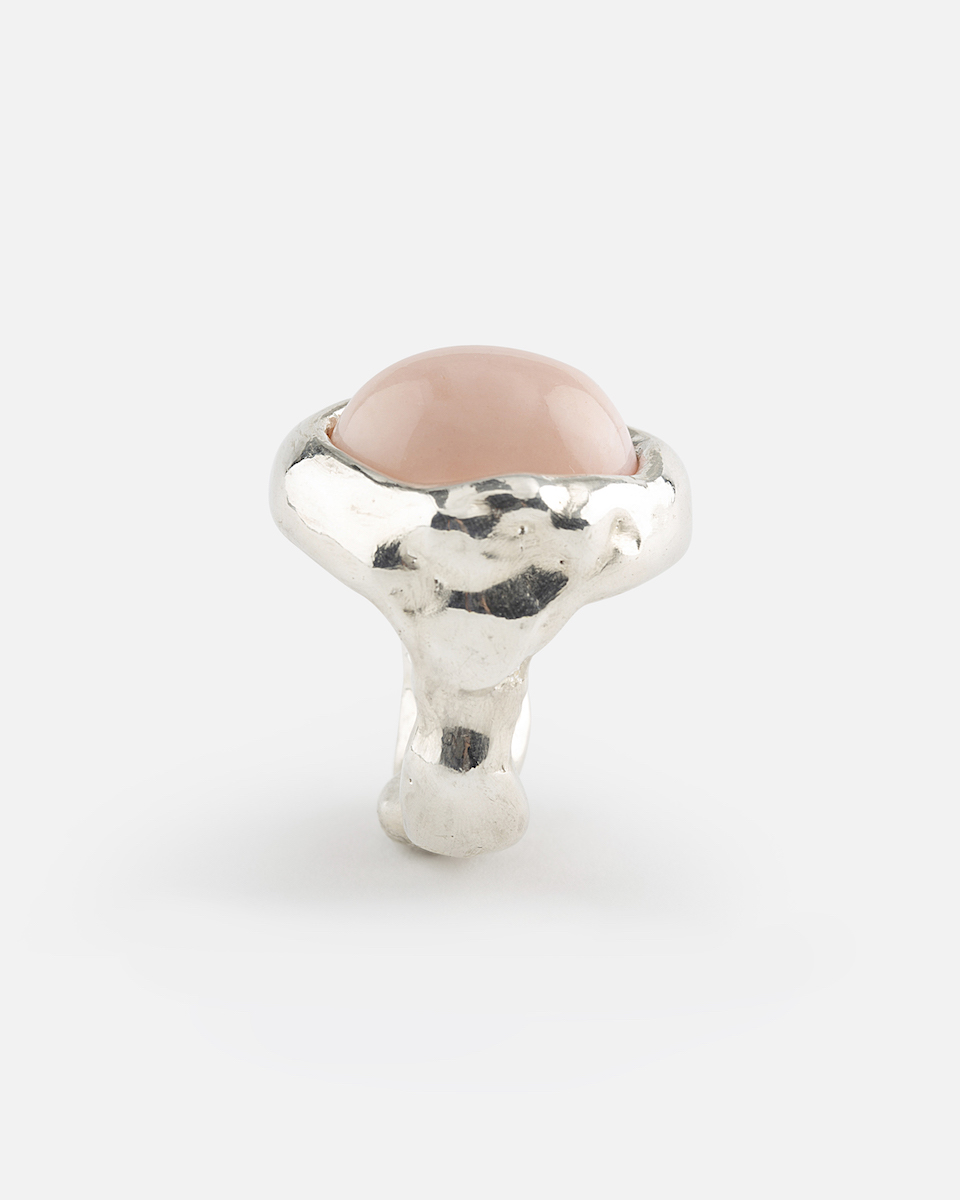 melted silver ring with pink opal